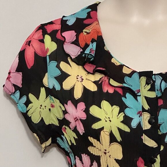 Vintage Funky Women Top XL Black Bright Floral Micro Pleat Crinkle Retro Mod Y2K - Picture 3 of 14